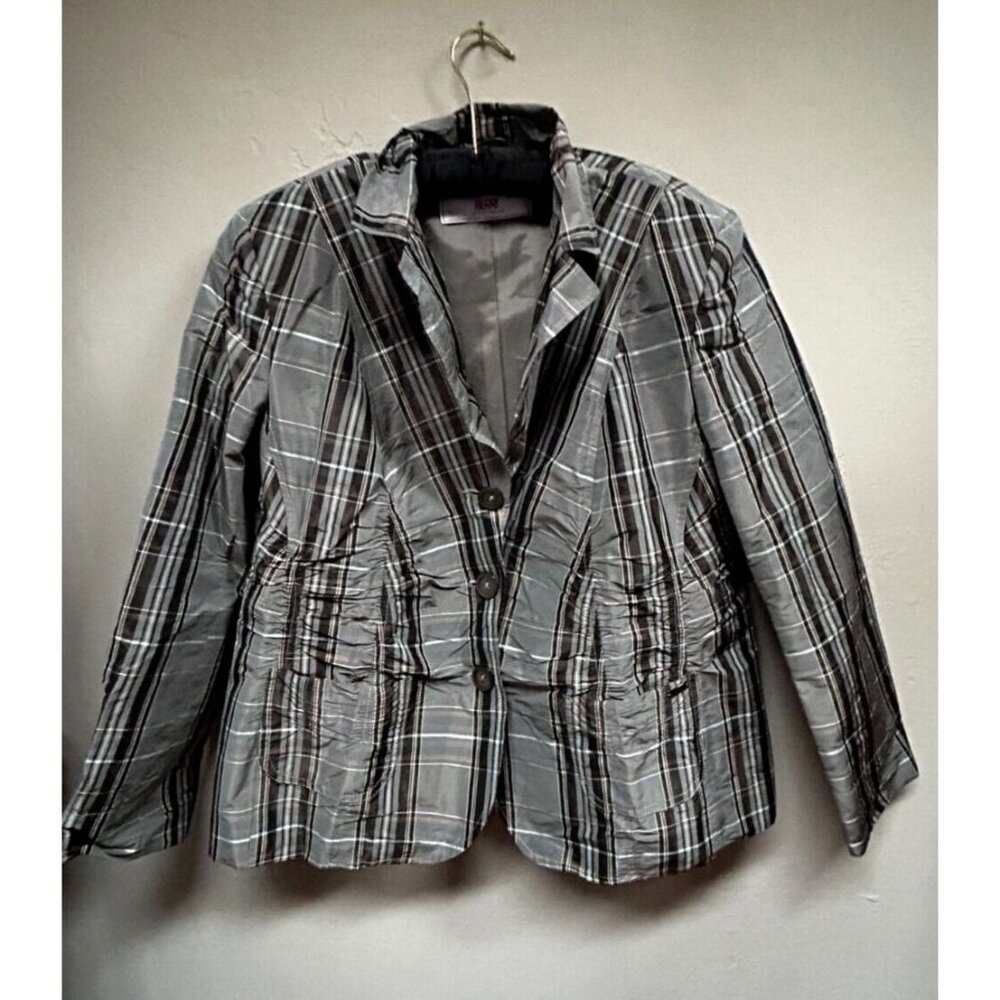 Berri Sportswear Women Plaid Blazer Jacket Size 44 Gray Long Sleeve Ruched Lined